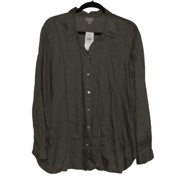 NWT Womens' J. Jill Olive Green 100% Linen Button Front Blouse - Please Read